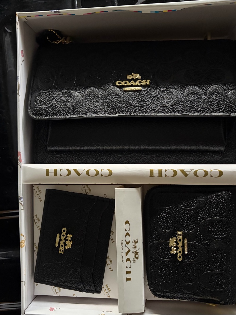 Coach Black Embossed Signature Wallet Trio with Gold Hardware